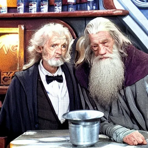 Image similar to harry potter and gandalf in quark's bar on deep space nine