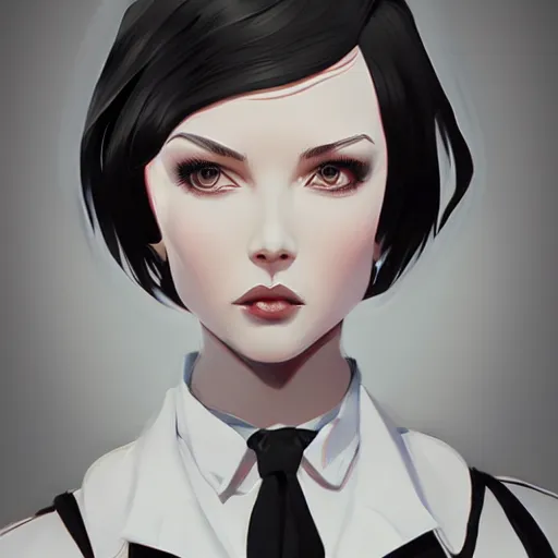 Image similar to girl in tuxedo with black chaotic wavy short haircut, elegant, 2d, ultra highly detailed, digital painting, smooth, sharp focus, artstation, art by Ilya Kuvshinov