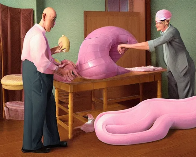 Image similar to the famous snake oil salesman Uncle Aloysius curing a patient of the pink wojacity, painting by Grant Wood, 3D rendering by Beeple, sketch by R. Crumb