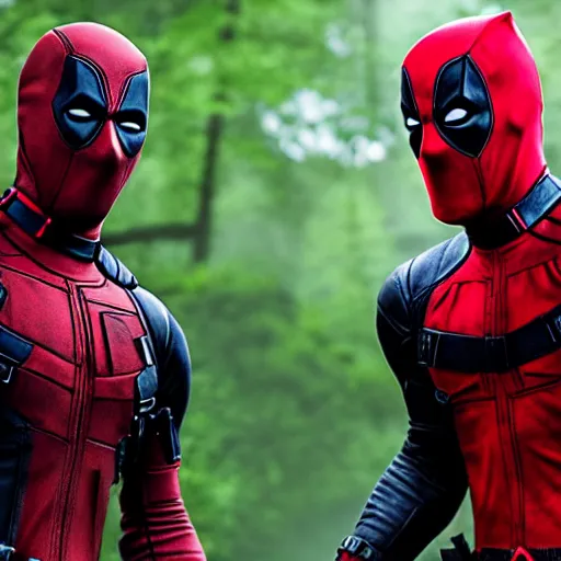 Image similar to deadpool and batman in the woods digital art 4 k detailed super realistic