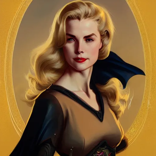 Image similar to Blonde Grace Kelly as Bat Woman, western, D&D, fantasy, intricate, elegant, highly detailed, digital painting, artstation, concept art, matte, sharp focus, illustration, art by Artgerm and Greg Rutkowski and Alphonse Mucha