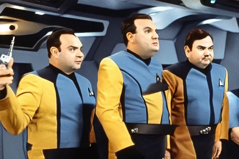 Prompt: film still from Star Trek Next Generation with Mike Stoklasa and Rich Evans holding phasers as crew on the bridge of the USS Enterprise, 4k