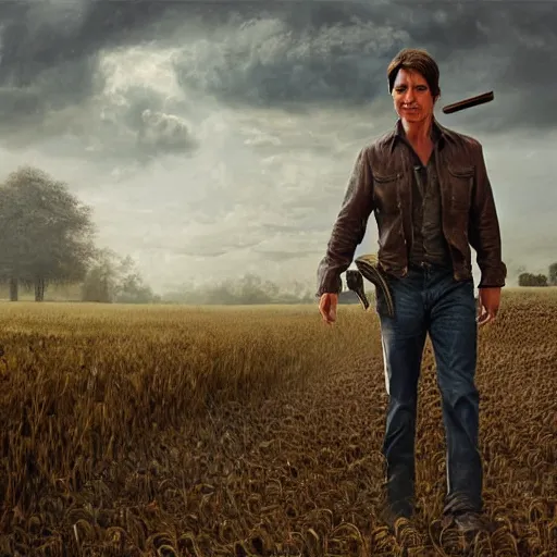 Image similar to Tom Cruise as a farmer, high resolution fantasy concept art, realistic, intricate details, soft lighting