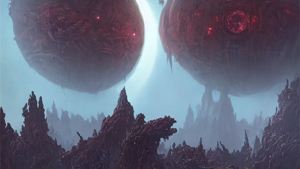 Image similar to eerie atmospheric alien planet with biomechanical plants by les edwards and vincent di fate and anato finnstark, epic cinematic matte painting