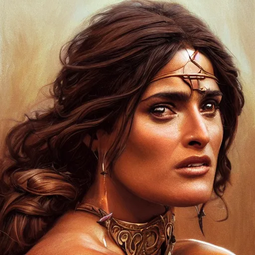 Image similar to a portrait of Salma Hayek as a barbarian, detailed, centered, digital painting, artstation, concept art, donato giancola, Joseph Christian Leyendecker, WLOP, Boris Vallejo, Breathtaking, 8k resolution, extremely detailed, beautiful, establishing shot, artistic, hyperrealistic, beautiful face, octane render