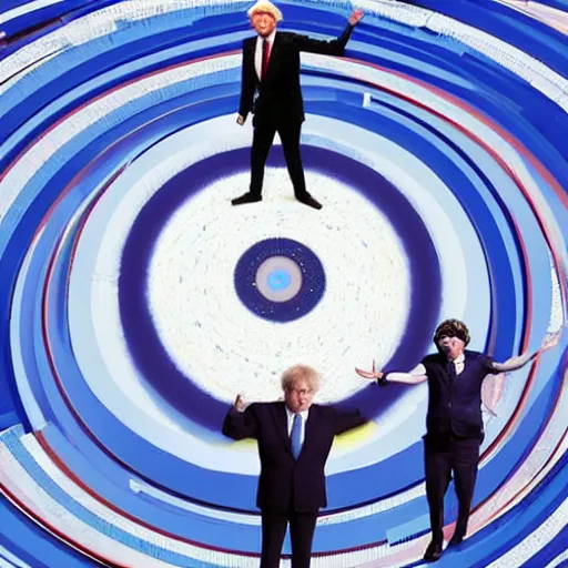 Image similar to And then i was on top of a giant record Trying to run from the needle's eye The universe turned inside out Boris Johnson stood idly by