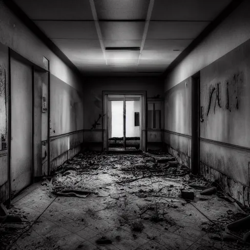 Image similar to An abandoned hospital at night, horror elements, dark ambiance, film grain, 4k.