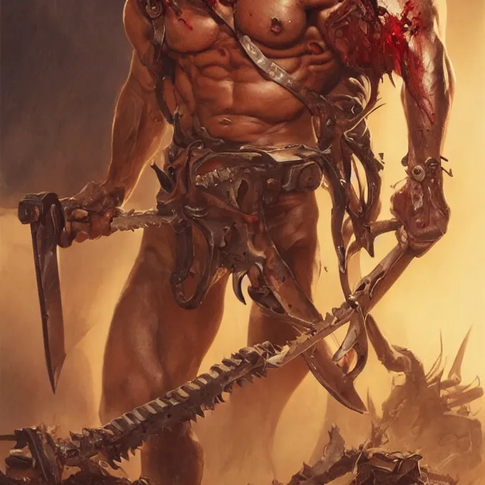 Image similar to Ash Williams from The evil dead, manowar album, Muscular man, chainsaw attached to hand, ripping demon torso, blood, artstation, concept art, smooth, sharp focus, highly detailed, illustration, art by artgerm and greg rutkowski and alphonse mucha