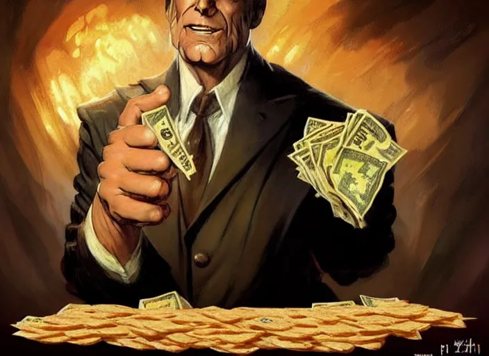 Prompt: magic : the gathering fantasy character concept art of the great businessman by frank frazetta, high resolution. a clear portrait of powerful, business man wearing a business suit, holding a wad of money made out of bread, bread bucks, bread shaped like dollar bills, magical bread and toast money swirling around, fantasy coloring, intricate, digital painting, artstation, smooth, sharp focus