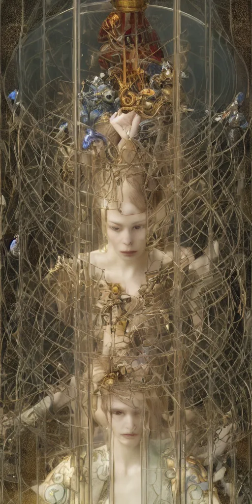 Prompt: queen in a glass prison, masterpiece by edgar maxence and ross tran and michael whelan, gustav dore, 8 k, octane render