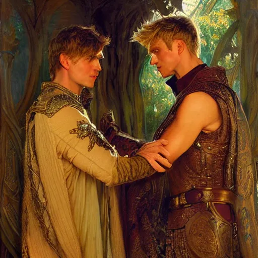 Image similar to stunning arthur pendragon in love with stunning male merlin the mage. they are close to each other. highly detailed painting by gaston bussiere, craig mullins, j. c. leyendecker