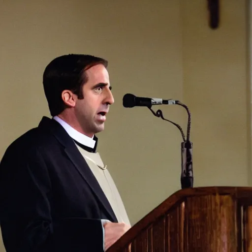 Image similar to Michael Scott as a Catholic priest giving a sermon at the pulpit