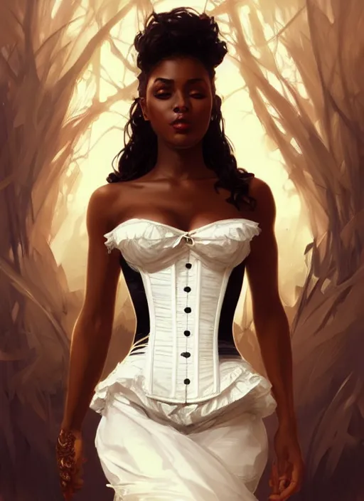 Image similar to cute black woman wearing a white corset dress, fantasy, intricate, highly detailed, digital painting, artstation, concept art, wallpaper, smooth, sharp focus, illustration, art by artgerm and greg rutkowski and alphonse mucha