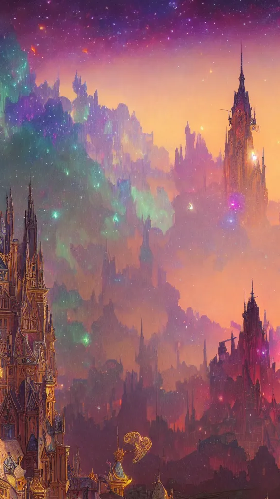 Image similar to a beautiful highly detailed matte painting of colorful castle nebulas by moebius, alphonse mucha, stars in the background, highly detailed, intricate design, 8 k resolution, octane render, trending on artstation and cgsociety