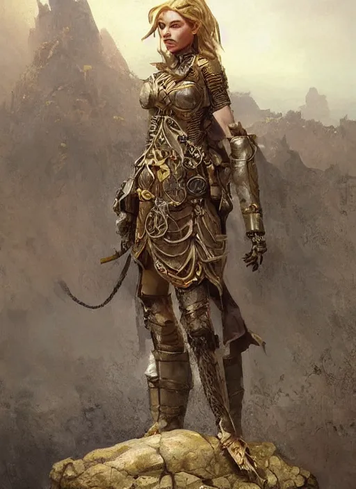 Image similar to highly detailed steampunk armor on a blond who is standing on a rock : greg rutkowski