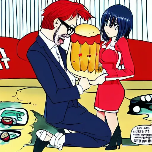 Prompt: jurgen klopp proposing to a giant hamburger, down on one knee, manga, anime