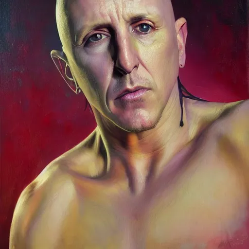 Prompt: stunning serene portrait of Maynard James Keenan starring straight ahead, giving the peace sign, by Mark Arian, oil on canvas, masterpiece, realism, piercing gaze, mercurial bokeh