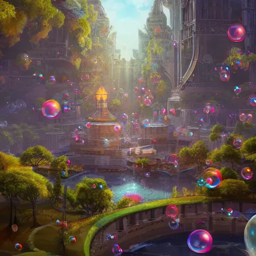 Image similar to a utopian city, filled with fauna, with bubbles floating around everywhere, dynamic lighting, fantasy concept art, trending on art station, stunning visuals, creative, cinematic, ultra detailed