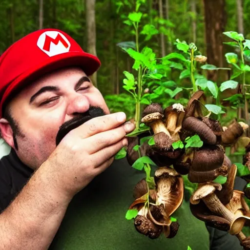 Image similar to fat italian man dressed as mario eating wild mushrooms off the forest floor