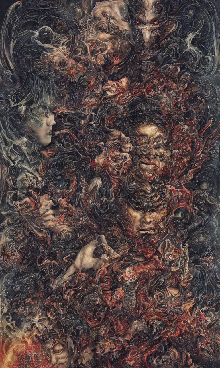 Image similar to 中 国 鬼 节, king of hell, psychedelic lights and fog, zdzislaw, ayami kojima, yamamoto, barclay shaw, karol bak, hyperrealist, 8 k