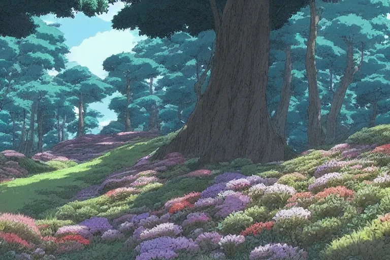 Prompt: Landscape of a beautiful ancient hill in a forest with lots of flowers and nature, by Studio Ghibli, Makoto Shinkai, Moebius