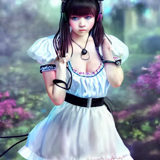 Image similar to realistic detailed semirealism beautiful gorgeous cute Blackpink Lalisa Manoban wearing white camisole maid outfit maid costume, white hair white cat ears blue eyes, headphones, black leather choker full HD 4K high resolution quality WLOP, Aztodio, Taejune Kim, Guweiz, Pixiv, Instagram, Artstation