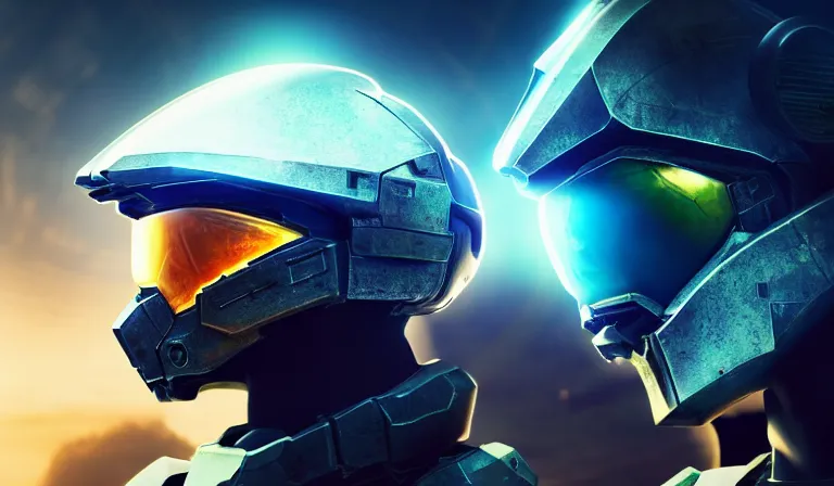 Image similar to cyberpunk halo helmet on space, planet behind, close shot, reflection, epic, dramatic, cinematic, award winning, ultra detailed, realistic, 8k,