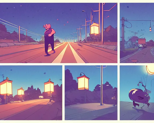 Prompt: a study of cell shaded cartoon of an obese ninjafloating above a country road, street lamps, road, illustration, wide shot, subtle colors, post grunge, concept art by josan gonzales and wlop, by james jean, Victo ngai, David Rubín, Mike Mignola, Laurie Greasley, highly detailed, sharp focus, Trending on Artstation, HQ, deviantart, art by artgem