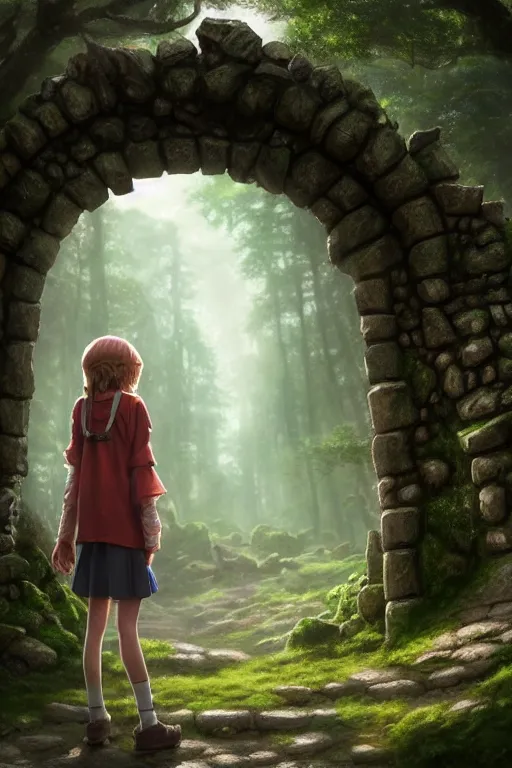 Image similar to a highly detailed matte painting of a teenager with shaggy hair and hip clothes standing in front of a stone gate in the elven forest ruins, by studio ghibli, by artgerm, by wlop, by greg rutkowski, red tones, volumetric lighting, octane render, 4 k resolution, trending on artstation, masterpiece