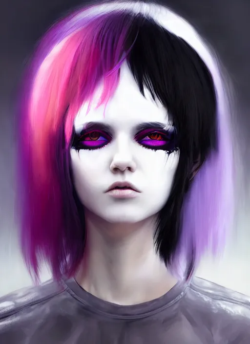 Image similar to whitebangs, black hair, black cyberlox, portrait of normal teenage girl, normal face, white bangs, fluffy bangs, cyberlox, whitebangs, red contact lenses, purple background, intricate, elegant, highly detailed, digital painting, artstation, concept art, sharp focus, smooth, illustration, art by wlop, mars ravelo and greg rutkowski