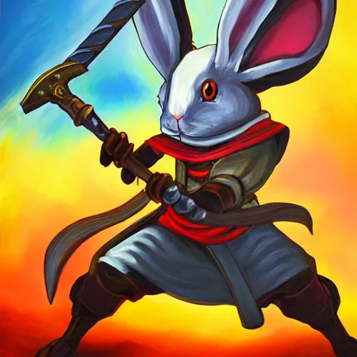 Image similar to rabbit swordsman, brush strokes, oil painting, yugioh art style