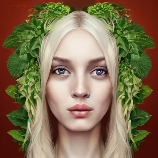 Prompt: a symmetrical portrait of a blonde woman with plants in hair, oil painting, pale colors, high detail, 8 k, wide angle, trending on artstation,