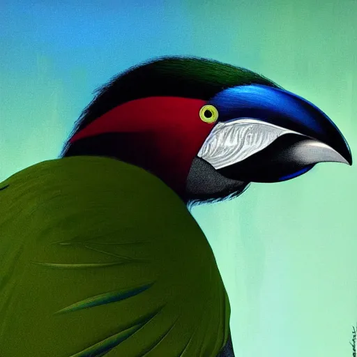 Prompt: Close-up portrait of a beautiful mutant between a algae plant and a tucan bird, dramatic backlighting, golden hour, autochrome, high contrast, highly detailed, sharp focus, digital painting, concept art, illustration, cyberpunk, solarpunk, trending on artstation, art by greg rutkowski and greg hildebrandt, Joshua Middleton, Phil Noto, Alex Toth, composition by Alphonse mucha