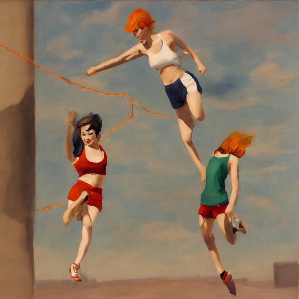 Prompt: oil painting of Tattoed Emma Stone jumping rope and wearing a white tank top in the style of Edward Hopper, predominant colors are red, white, gold and orange