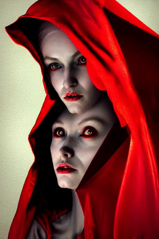 Image similar to hyperrealistic mixed media painting of beautiful Red Riding Hood, pale skin, full body, crimson robe, shadowy wolf figure looming overhead in background, stunning 3d render inspired art by P. Craig Russell and Barry Windsor-Smith + perfect facial symmetry + dim volumetric lighting, 8k octane beautifully detailed render, post-processing, extremely hyperdetailed, intricate, epic composition, grim yet sparkling atmosphere, cinematic lighting + masterpiece, trending on artstation, very very detailed, masterpiece, stunning