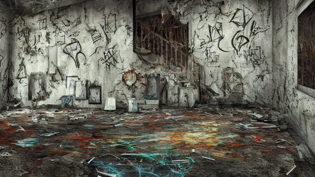 Image similar to a sigil scribbled on the ground, inside a haunted destroyed house, trending on artstation, 8 k, digital photo, unreal engine, colored paint, colorful paint, scary style