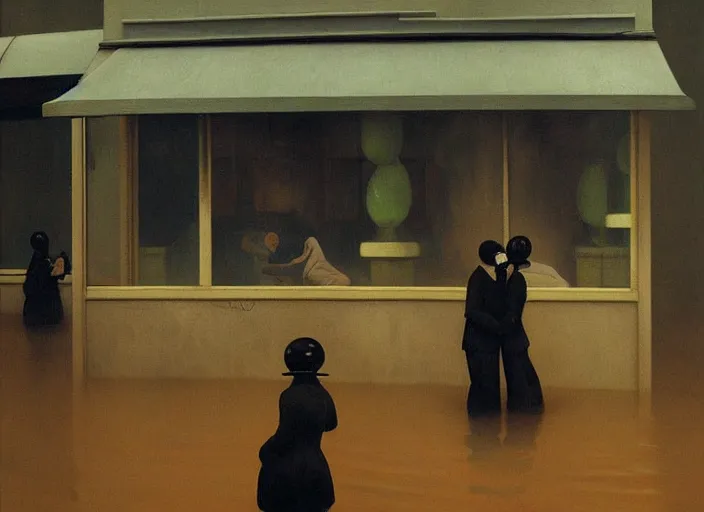 Prompt: spherical people kissing in gas masks at flooded restaurant Edward Hopper and James Gilleard, Zdzislaw Beksinski highly detailed