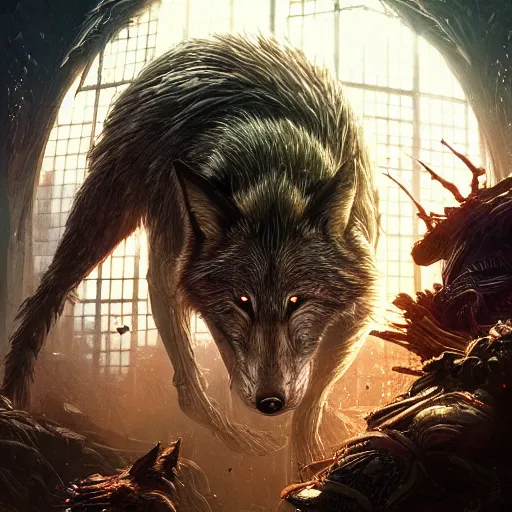 Image similar to a beautiful photograph of a biopunk wolf and a biopunk fox fight. intricate, epic lighting, cinematic composition, hyper realistic, 8 k resolution, unreal engine 5, by artgerm, tooth wu, dan mumford, beeple, wlop, rossdraws, james jean, marc simonetti, artstation