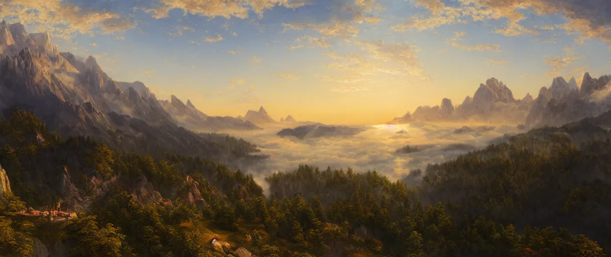 Image similar to a photorealistic breathtaking aerial view of the eastern alps mountains at sunrise, cliffs, fog, trending on artstation by frederic church, albert bierstadt