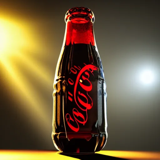 Prompt: bottle of coca - cola, droplets flow down the bottle, soft warm light, ultra quality, super detail, play of light, yellow light shining through, focus unreal engine 5,