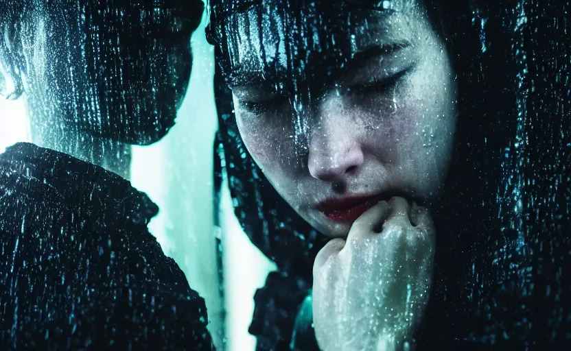 Image similar to cinestill 5 0 d candid photographic portrait by christopher nolan of two loving female androids sobbing wearing rugged black mesh techwear in treacherous waters, extreme closeup, modern cyberpunk moody emotional cinematic, pouring iridescent rain bright spotlight, 8 k, hd, high resolution, 3 5 mm, f / 3 2, ultra realistic faces, ex machina