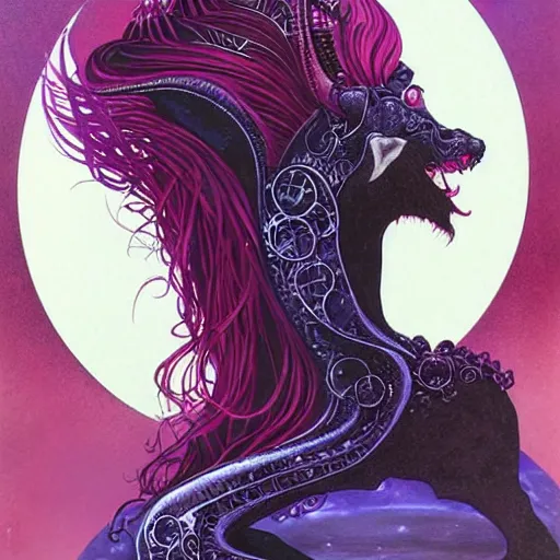 Image similar to portrait of princess of the dreamlands and moon beast, beautiful! coherent! by brom, deep colors, red maroon purple pink black, strong lines, rule of thirds, head centered