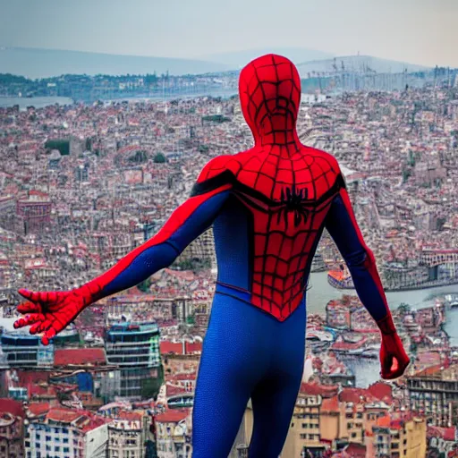 Image similar to Spider-man on top of the Galata Tower in Istanbul, photorealistic, 4K, 200mm lens