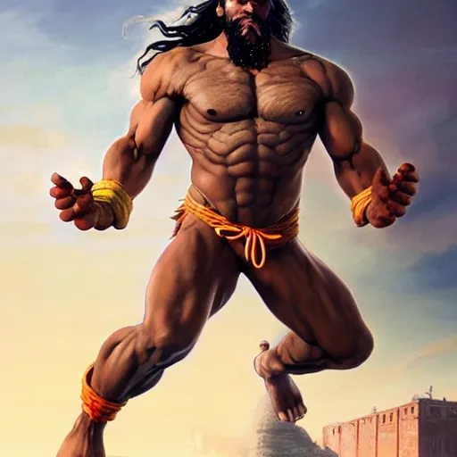 Image similar to jason momoa as dhalsim street fighter, ultra realistic, concept art, intricate details, highly detailed, photorealistic, octane render, 8 k, unreal engine, art by frank frazetta, simon bisley, brom