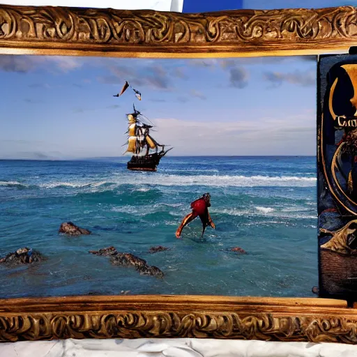 Image similar to pirates of the Caribbean desperately looking for gold and gems treasure on Riverdean Beach movie frame.