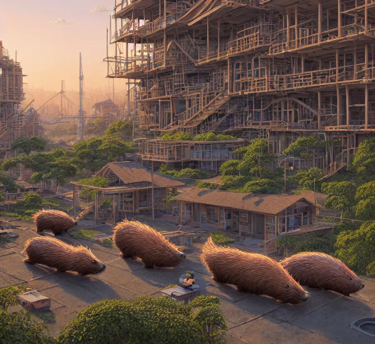 Image similar to hyperrealism photography hyperrealism concept art of highly detailed beavers builders that building highly detailed futuristic ( 1 0 5 0 0 year ) city by wes anderson and hasui kawase and scott listfield sci - fi style hyperrealism rendered in blender and octane render volumetric natural light