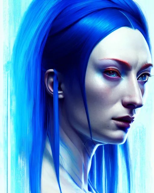 Image similar to electric blue haired cyborg muscular sophie turner in ghost in the shell poster, artgerm, jeremy lipkin, fine detail!!