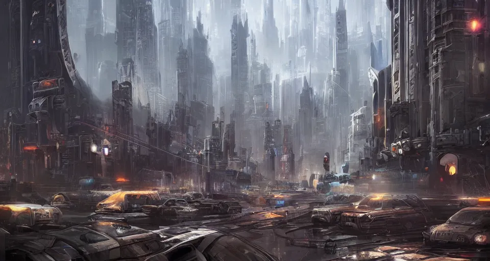 Image similar to hyper realistic sci - fi matte concept art painting of city made from giant stacks of disks, beautiful details, strong composition painted by andree wallin, smooth, intricate, detailed, sharp focus, cinematic