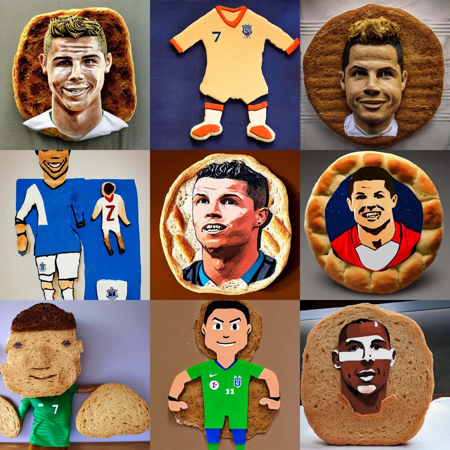 Prompt: soccer player ronaldo 7 made of bread dough