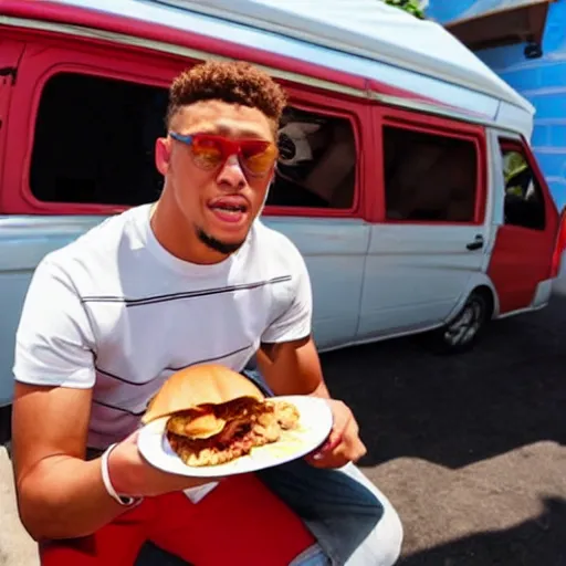 Prompt: patrick mahomes eating a reuben sandwich in the scooby doo mystery van